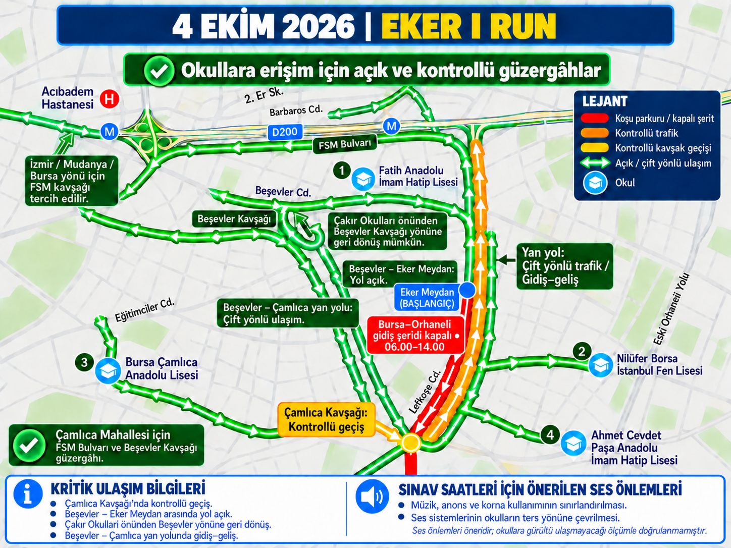 4 Ekim 2026 Eker I Run kapalı şerit, kontrollü trafik ve okullara ulaşım güzergâhları haritası